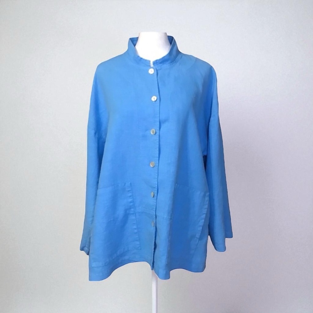 Mosaic USA Linen Button Front Pocket Tunic in Blue Sz M
